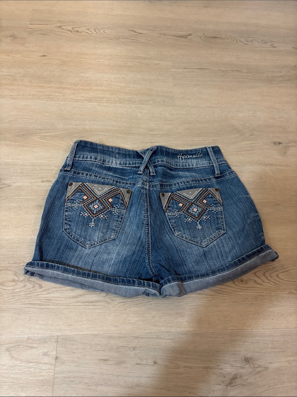 True vintage Hydraulic jean shorts with leather / embroidery accents size 6